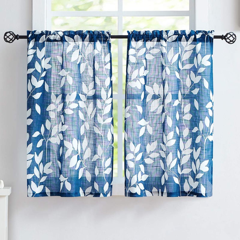 Treatmentex Blue White Kitchen Curtains 24" Small Tier Curtains Bathroom Basement Window Curtain Set Navy Leaf Print 2 Panels - Image 1